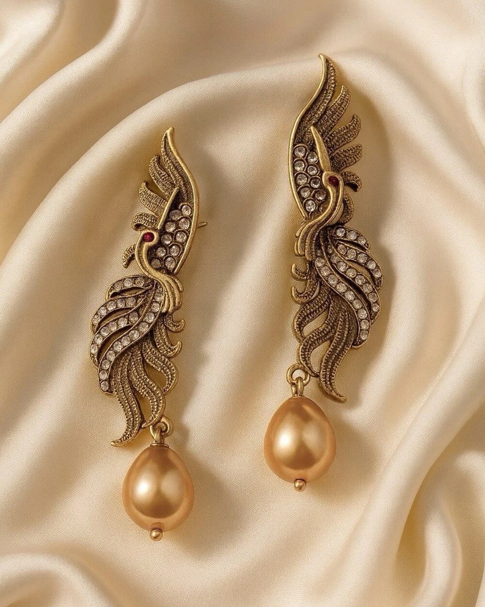 Phoenix Firebird Bird Earrings Art Museum Gold CZ Revival VTG Antique Boho Retro